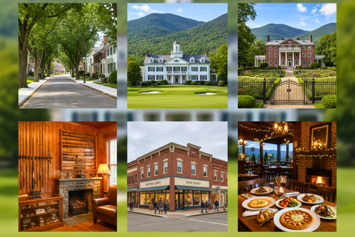 A picturesque travel collage of Manchester, Vermont, featuring The Equinox Resort, Hildene, and historic village streets.